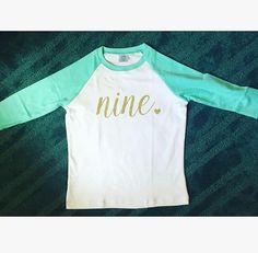 Ninth birthday shirt for girls, nine shirt, mint birthday shirt, nine years old, nine, cute ninth bi Cute Cursive Font, Ninth Birthday, Cursive Font, Font A, Girls Graphic Tee, Birthday Shirt, Birthday Shirts, Girls Tshirts, Raglan Sleeve