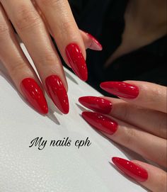 Nails Pretty Red Nails Almond, Red Nails Inspiration Almond, Gel X Nails Almond Red, Red Pearlescent Nails, All Red Almond Nails, Almond Long Red Nails, Red Almond Nails Acrylic, Long Red Almond Acrylic Nails, Acrylic Nails Red Almond