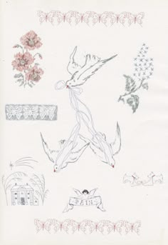 an image of a drawing on paper with flowers and birds in the sky above it