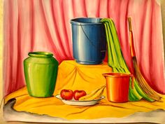 a painting of two buckets and three apples on a table with a yellow cloth