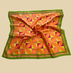 "Mod Flowers Silk Scarf, Geometric Modern Square Scarf, Art Designer Scarf This lovely styled small edition silk scarf will bring a modern garden vibe to your wardrobe--a bold and graphic natural silk scarf with a mid-century-inspired orange and pink flower design. Perfect for office or travel, this scarf is an excellent choice for all seasons and is truly a unique artistic scarf.  All scarves come in a pretty gift box - great for safekeeping and giving as a unique gift for your mom, sister, or Summer Multicolor Silk Headscarf, Vintage Silk Scarf For Spring, Multicolor Silk Headscarf For Summer, Green Square Scarf For Spring, Multicolor Floral Print Headscarf For Spring, Multicolor Silk Headscarf For Spring, Green Square Silk Scarf For Spring, Retro Multicolor Scarves For Spring, Retro Multicolor Silk Scarf For Summer