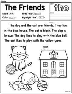 a worksheet for the dog and cat that is in front of a house