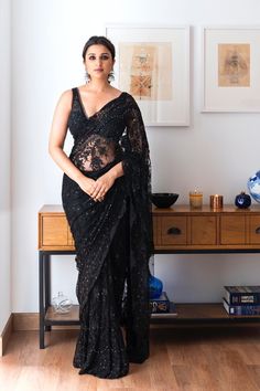 Diwali Fashion, Black Sari, डिजाइनर कपड़े, Diwali Outfits, Lace Saree, Designer Bridal Lehenga, Parineeti Chopra, Black Saree