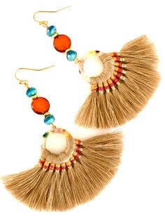 "Summery woven fan tassel earrings in sandy beige with burnt orange and aqua Czech glass accents. Tan fan tassels are woven with orange accents on acetate rings. Measure 70 x 45mm. Burnt orange Picasso coin beads and Mykonos aqua blue Czech glass beads add fun colors. Earrings hang from gold plated French hooks. Total length is 3 1/2\". Lightweight and summery!" Bohemian Brown Beaded Tassel Earrings, Brown Tassel Earrings For Summer, Summer Brown Tassel Earrings, Brown Dangle Tassel Earrings For Summer, Beach Jewelry With Brown Tassels, Brown Bohemian Tassel Earrings For Summer, Bohemian Brown Tassel Earrings For Summer, Beige Bohemian Fringe Earrings, Summer Brown Tassel Jewelry