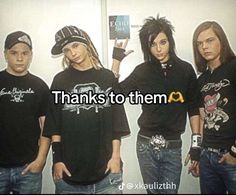 four young men standing next to each other with the words thanks to them