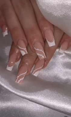 white White French Prom Nails, White French Tip Nails For Prom, Reflective White French Tips, White French Tips With Silver Design, White Y2k French Tip Nails, French Tip Manicure, Natural Acrylic Nails, White Nails