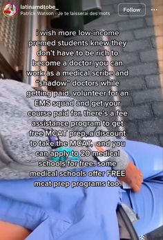 a woman laying on top of a blue chair next to a brick wall with the caption, i wish more low - in some premed students knew they don't have to