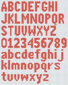 a cross stitch pattern with the letters and numbers in red on white background, as well as