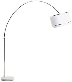 a floor lamp with a white shade on the base and a round light in the middle