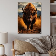 a bison standing in the middle of a field