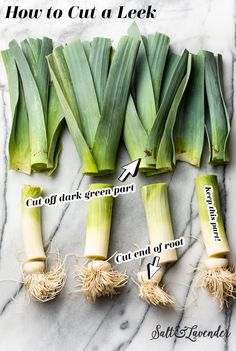 how to cut leeks on a marble counter top with instructions for cutting the stems