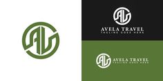 the logo for avela travel is shown in three different colors and font, which are also