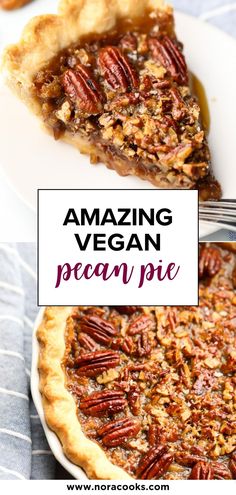 a pecan pie on a white plate with the words amazing vegan pecan pie