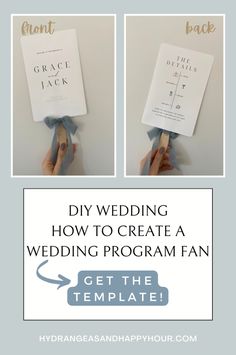 two photos with the words diy wedding how to create a wedding program fan get the template