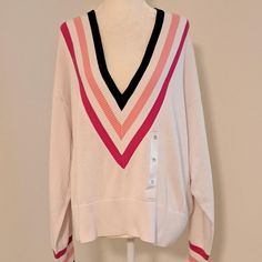 Tommy Hilfiger Half Time Sweater Size Xl Nwt. Notice The Vibrant, Oversized Stripes At The Neckline And Cuffs. Cropped Fit. V-Neck.57% Cotton/41% Acrylic/1% Polyurethane/1% Other Fibers. Measurements: Shoulder To Shoulder Laid Flat - 19", Pit To Pit - 26", Sleeve Length -22" , Approximately 20" Long Classic Preppy Style, Preppy Tops, Dark Green Sweater, Light Pink Sweaters, Sparkle Sweater, Preppy Sweater, Embellished Sweaters, Cropped Crewneck, Blue Knit Sweater