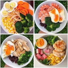 four pictures of different types of food in white bowls on the ground, including broccoli, corn, carrots, and boiled eggs