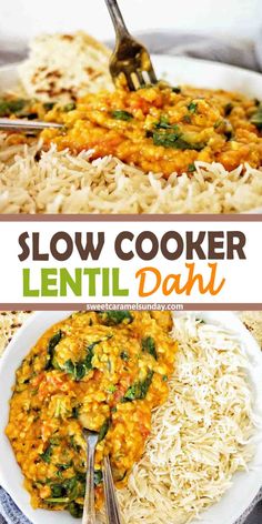 this slow cooker lentil dish is loaded with vegetables, rice and spinach