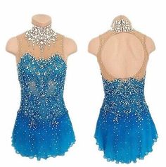 the back of a blue and white dress with sequins on it