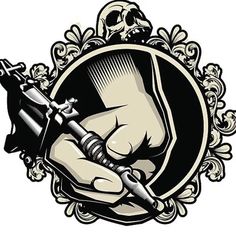 a hand holding a wrench with a skull in the background and an ornate frame around it