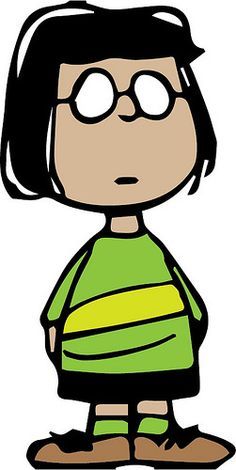 a cartoon girl with glasses on her face and green shirt, standing in front of a white background