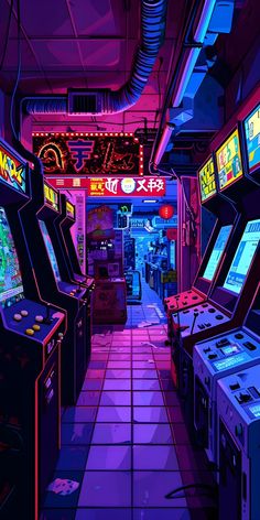 a room with arcade machines and neon lights