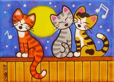 three cats sitting on top of a wooden fence with musical notes in the background and one cat looking at the moon