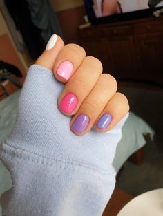 The C was sold to pay for polish 💅. Pink To Purple Nails, Dipped Nails Ideas Pink, Cute Short Nails Dip, Pink And Purple Short Nails, Nail Designs Pink And Purple, Alternating Nail Color, Blue Nails Dip, Color Combo Nails