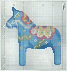 a cross stitch pattern of a blue horse with flowers on it's back and sides