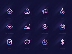 the neon colored icons are displayed on a dark blue and purple background, with different shapes