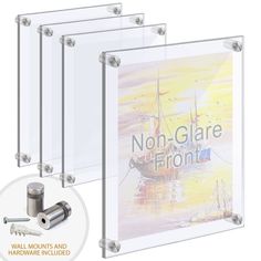 four clear acrylic glass frames with screws and hardware included for 4 packs