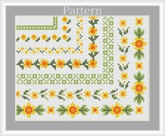 a cross stitch pattern with yellow flowers and green leaves on the bottom half of it