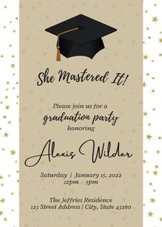 a graduation party flyer with a mortar cap on the front and stars in the background