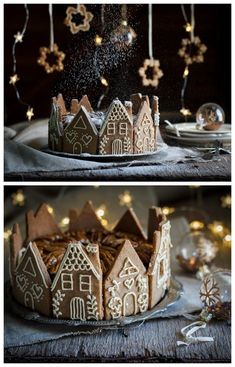 gingerbread castle cake with icing and sprinkles on top, then topped with sugar