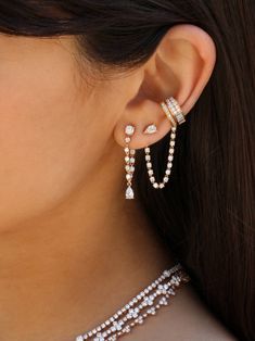 Gold Double Piercing, Unique Ear Piercings, Wedding Jewelery, Earring Stack, Pretty Ear Piercings, Diamond Ear Cuff, Double Piercing, Diamond Initial Necklace, Diamond Huggies