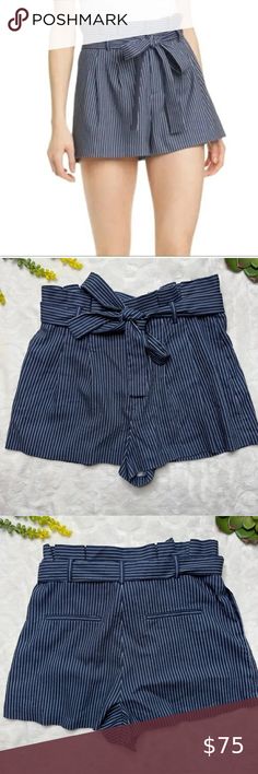 Alice & Olivia Laurine Paper Bag High Waist Navy Blue Pinstripe Shorts Womens 10 Pinstripe Shorts, Paper Bag Shorts, Shorts Womens, Striped Shorts, Alice Olivia, Paper Bag, High Waist, Navy Blue, Blue And White