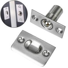 an image of stainless steel cabinet door latches with knobs and screws on white background