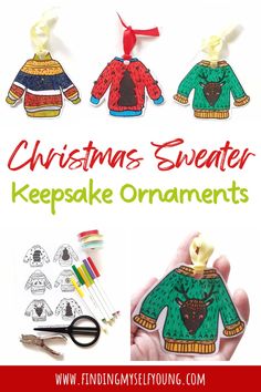 christmas sweater keepsake ornaments with scissors and crayons to make them look like they are