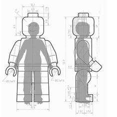 a lego figure is shown with measurements for the body and head, as well as other parts