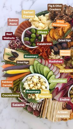 a platter filled with different types of food on top of a marble countertop