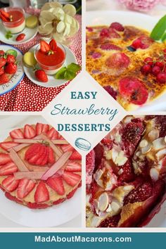 Collection of deliciously easy strawberry dessert recipes. Whether it's raw on top of a strawberry and rhubarb cheesecake, as a coulis on panna cotta, or baked in a French crème brûlée or clafoutis, there's something for all tastes. Easy Strawberry Dessert, Macarons Easy, Rhubarb Cheesecake, Easy Strawberry Desserts, Easy French Recipes, Fresh Strawberry Recipes, Strawberry Almond, Strawberry Compote, Strawberry Dessert Recipes