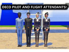 three pilots standing next to each other in front of a blue and white building with the words deco pilot and flight attendants