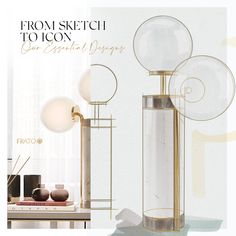 the front and back cover of a catalog for an artisan design project, with three glass globes on each side