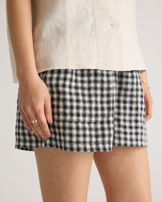 These cute and comfy linen shorts are a summer staple in our wardrobes. Easy to wear for that laidback aesthetic, with a drawstring waist and pockets. Our linen is made from 100% European flax, which is more sustainable and less resource-intensive to grow. Linen is the ultimate temperature-proof fabric because it's breathable and naturally heat-regulating.  | Quince | Women's 100% European Linen Shorts in Khaki / Black Gingham, Size Medium Casual Gingham Shorts With Elastic Waistband, Gingham Shorts With Elastic Waistband, Summer Linen Pajama Shorts With Elastic Waistband, Relaxed Linen Shorts For Day Out, Summer Everyday Pajama Shorts, Casual Gingham Pajama Shorts, Spring Gingham Pajama Shorts, Gingham Pajama Shorts For Summer, Gingham Pajama Shorts With Elastic Waistband For Summer