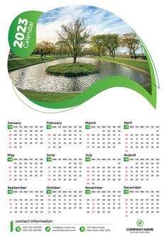 a calendar for the 2013 - 2016 year with an image of a pond and trees