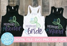 three mermaid bride tank tops with the words,'mermaid bride'in green and purple