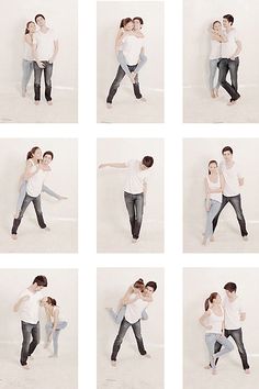 multiple shots of two people hugging each other and posing for the same photo with their arms around each other