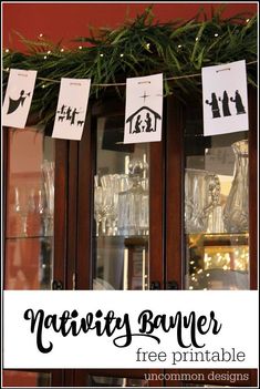 a display case with christmas decorations on it and the words nativity banner free printable