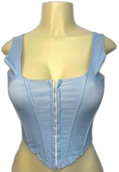 Casual Sleeveless Denim Blue Corset, Sleeveless Denim Blue Corset, Sleeveless Denim Blue Corset For Summer, Blue Stretch Denim Tank Top, Denim Blue Summer Corset, Blue Cropped Corset For Spring, Trendy Blue Sleeveless Corset, Casual Blue Summer Corset, Spring Blue Denim Corset