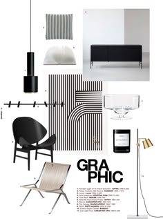 black and white interior design mood board with chair, table, lamp, wallpaper