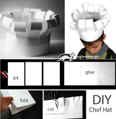 the instructions for making a chef's hat out of construction paper are shown here